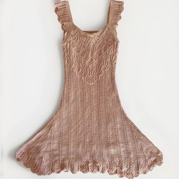 Freshman 1996 Dresses & Skirts - Freshman 1996 Peach Crochet Knit Ruffle Dress Sz Medium Cottagecore medium